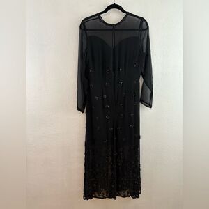 Interlude black long sleeve beaded maxi silk dress size L